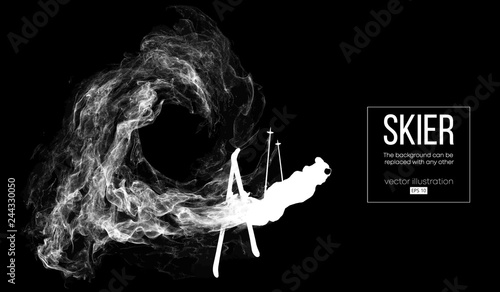 Abstract silhouette of a skier isolated on dark, black background from particles, dust, smoke, steam. Skier jumping and performs a trick. Background can be changed to any other. Vector illustration
