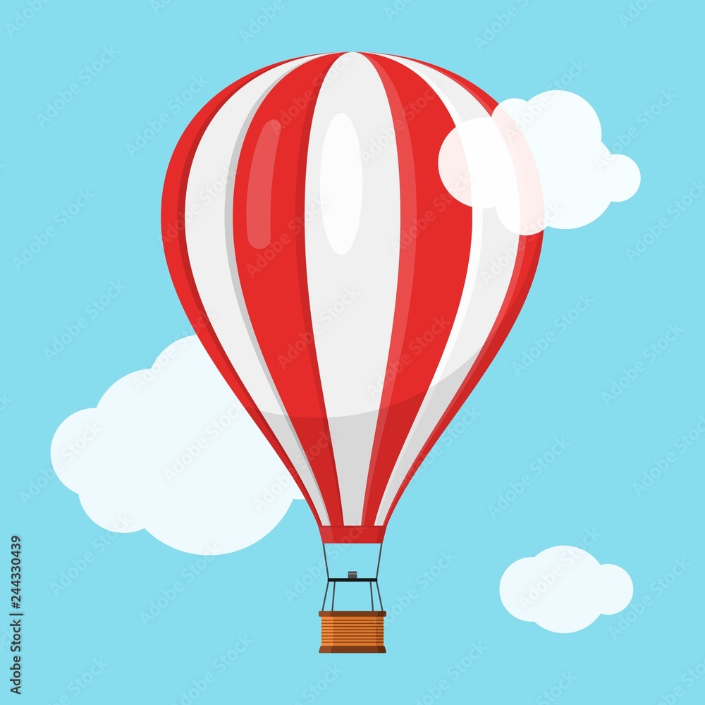 Obraz premium Aerostat Balloon transport with basket flying in blue sky and clouds, Cartoon air-balloon icon ballooning adventure flight, ballooned traveling flying toy, Vector illustration