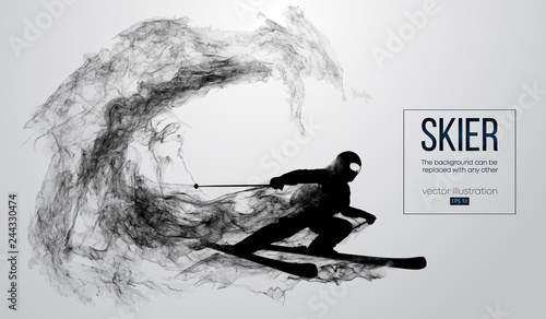 Abstract silhouette of a skier isolated on white background from particles, dust, smoke, steam. Skier carving and performs a trick. Background can be changed to any other. Vector illustration