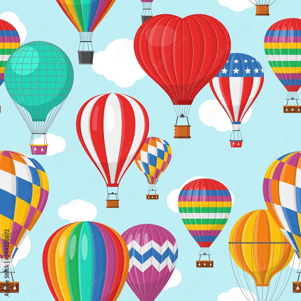 Aerostat Balloon transport with basket and clouds flying in blue sky Seamless Pattern, Cartoon air-balloon different shapes ballooning adventure flight, ballooned traveling flying, Background Vector