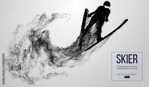 Abstract silhouette of a skier isolated on white background from particles, dust, smoke, steam. Skier jumping and performs a trick. Background can be changed to any other. Vector illustration