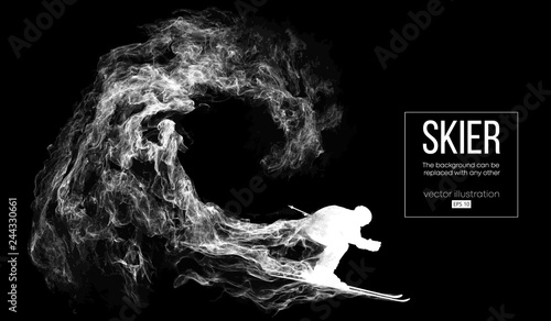 Abstract silhouette of a skier on dark, black background from particles, dust, smoke, steam. Skier carving and performs a trick. Background can be changed to any other. Vector illustration