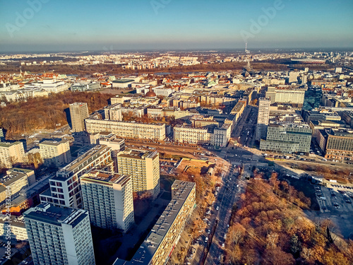 WARSAW, POLAND - NOVEMBER 20, 2018: Beautiful panoramic aerial skyline drone view to the skyscrapers located center of Warsaw City, Poland