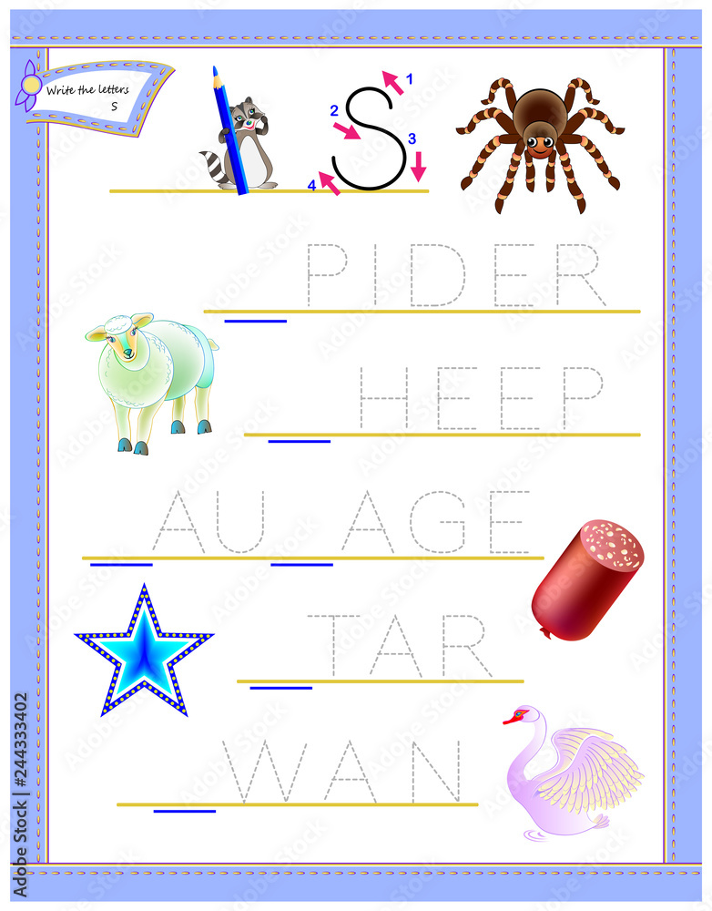 tracing letter s for study english alphabet printable worksheet for kids logic puzzle game education page for kindergarten developing children skills for writing and reading vector cartoon image stock vector adobe