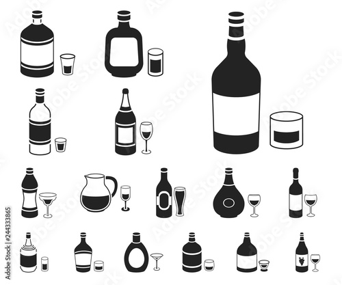Types of alcohol black icons in set collection for design. Alcohol in bottles vector symbol stock web illustration.