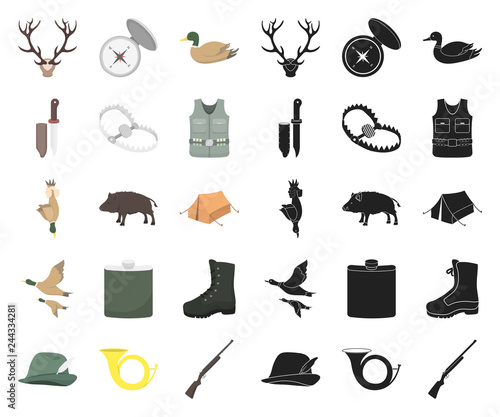 Hunting and trophy cartoon,black icons in set collection for design. Hunting and equipment vector symbol stock web illustration.