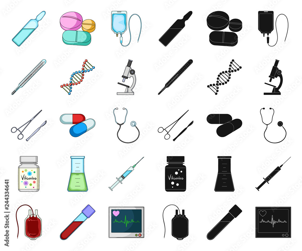 Fototapeta premium Medicine and treatment cartoon,black icons in set collection for design. Medicine and equipment vector symbol stock web illustration.