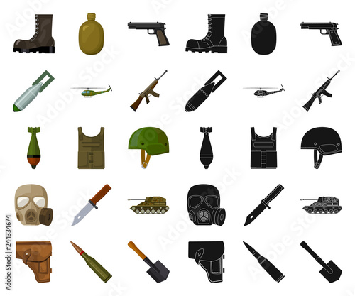 Army and armament cartoon,black icons in set collection for design. Weapons and equipment vector symbol stock web illustration.