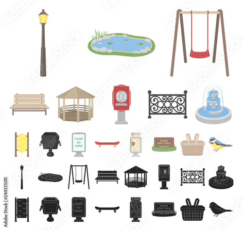 Park, equipment cartoon, black icons in set collection for design. Walking and rest vector symbol stock web illustration.