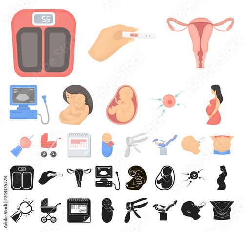 Woman and pregnancy cartoon, black icons in set collection for design. Gynecology and equipment vector symbol stock web illustration.