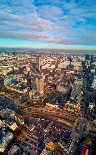 WARSAW  POLAND - NOVEMBER 27  2018  Beautiful panoramic aerial drone view to the center of Warsaw City and The Warsaw Trade Tower  WTT  - skyscraper along with the Palace of Culture and Science