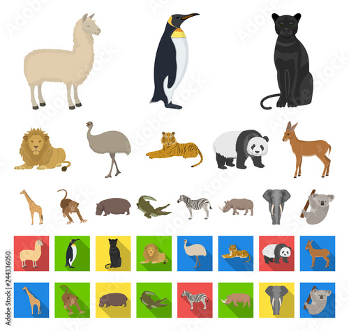 Different animals cartoon flat icons in set collection for design. Bird  predator and herbivore vector symbol stock web illustration.