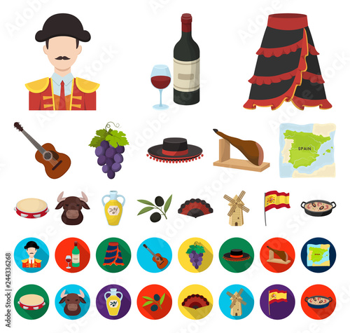 Spain country cartoon,flat icons in set collection for design.Travel and attractions vector symbol stock web illustration.