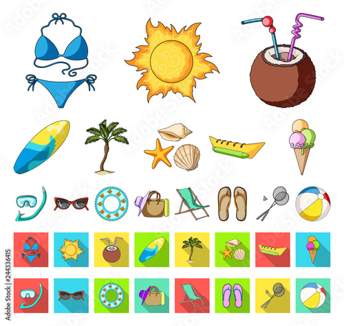 Summer rest cartoon,flat icons in set collection for design. Beach accessory vector symbol stock web illustration.