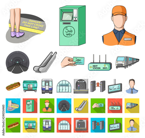 Metro, subway cartoon,flat icons in set collection for design.Urban transport vector symbol stock web illustration.