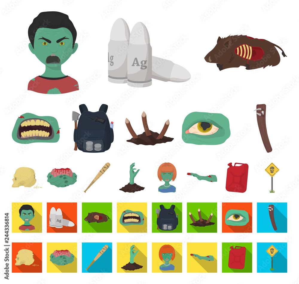 Zombies and Attributes cartoon,flat icons in set collection for design. Dead man vector symbol stock web illustration.