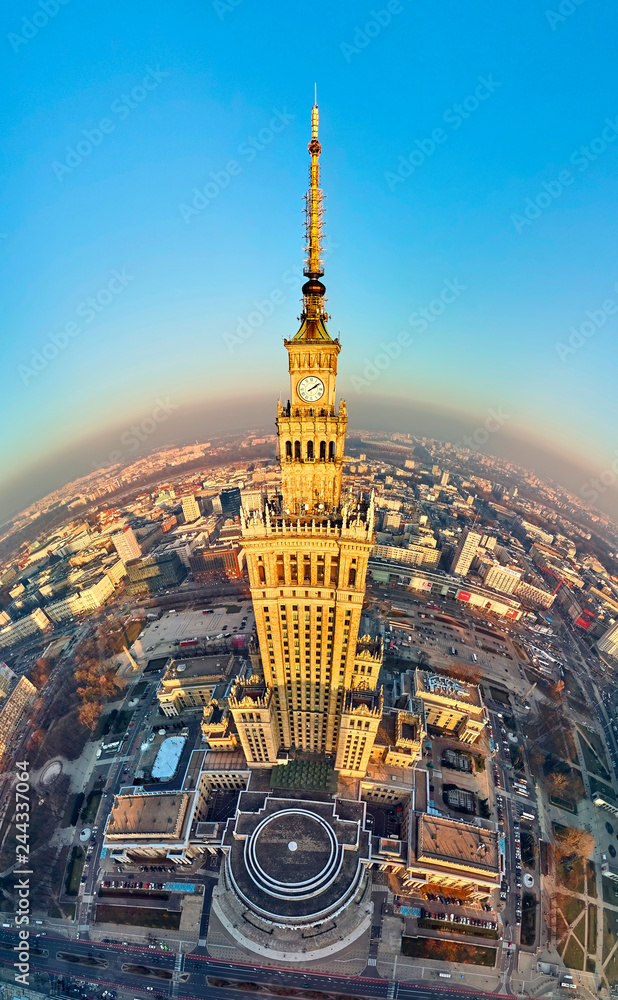 WARSAW, POLAND - DECEMBER 01, 2018: Beautiful panoramic aerial drone view to the center of Warsaw City and Palace of Culture and Science - a notable high-rise building in Warsaw, Poland - obrazy, fototapety, plakaty 