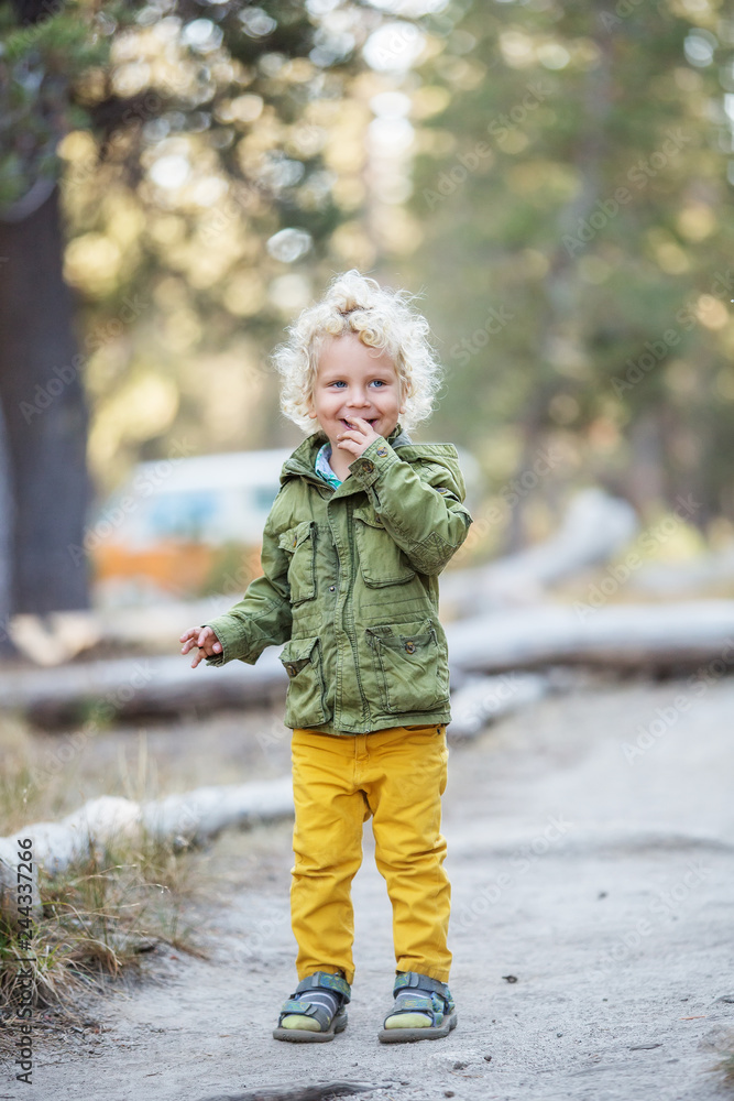 Hiker toddler boy visit Yosemite national park in California