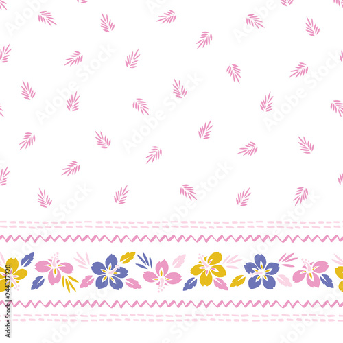 Colorful Tropical Exotic Foliage, Hibiscus Horizontal Floral Vector Seamless Border and Pattern. Stitch Stripes