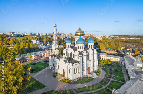 Aerial view of Transfiguration Cathedral in Ugresha Monastery, Dzerzhinsky, Moscow oblast, Russia