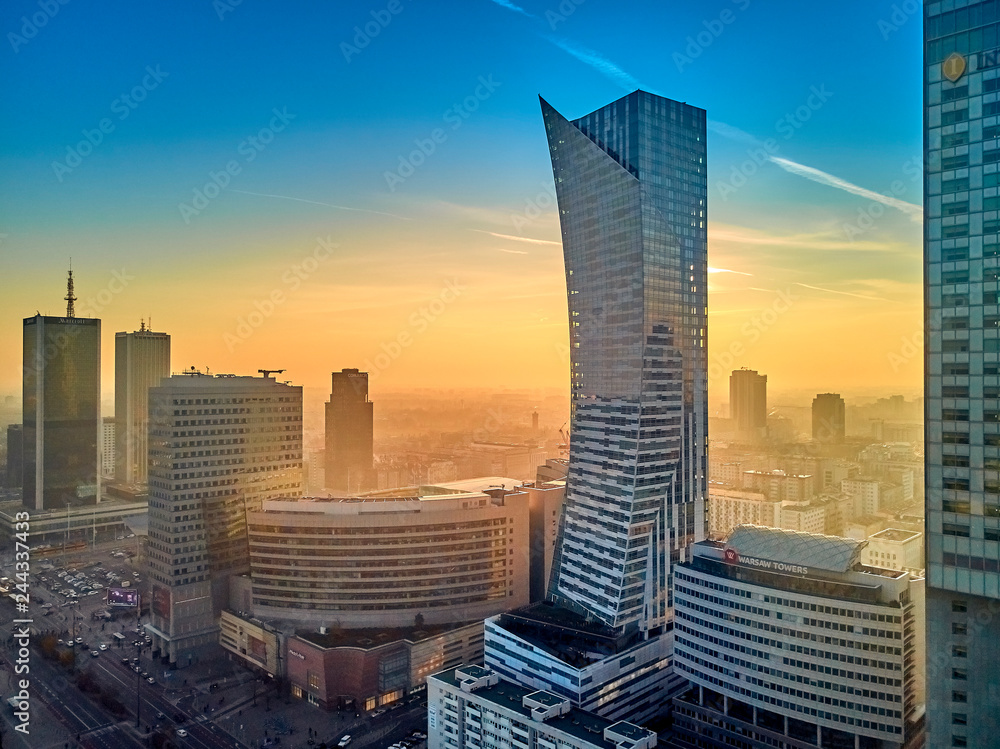 WARSAW, POLAND - DECEMBER 01, 2018: Beautiful panoramic aerial drone view to the center of Warsaw City and