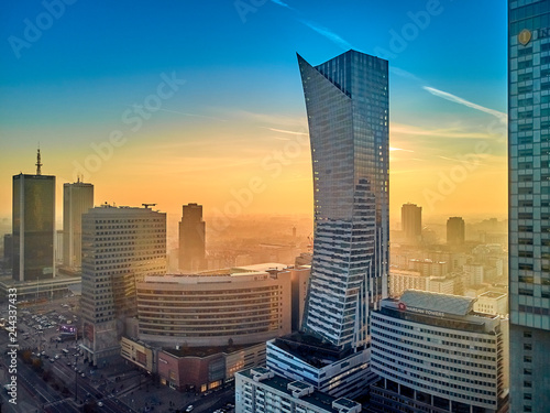 WARSAW, POLAND - DECEMBER 01, 2018: Beautiful panoramic aerial drone view to the center of Warsaw City and "Zlota 44", residential skyscraper Zlote Tarasy (Golden Terraces) - commercial modern complex