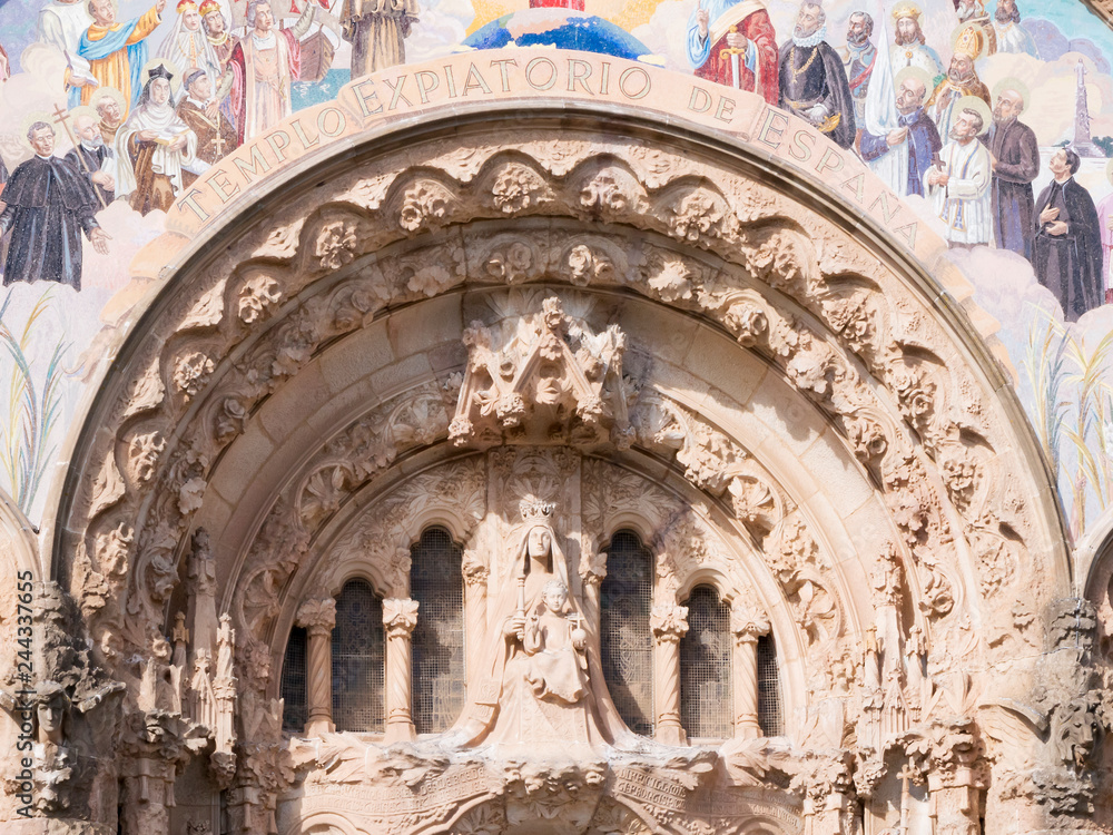 BARCELONA, SPAIN, Nov 1, 2018: Church of the Sacred heart of Jesus on Tibidabo mountain in Cathalonia. Detailed close up view from ground. No people