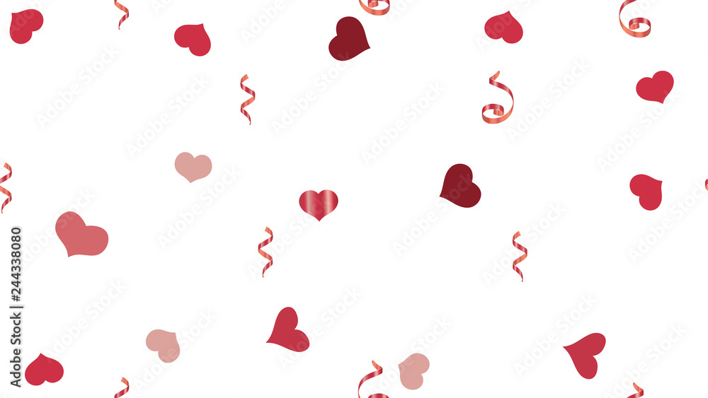 Falling Red confetti. Vector Seamless Pattern on a White fond. Light Pattern of Hearts and Serpentine. Element of packaging, textiles, wallpaper, banner, printing.