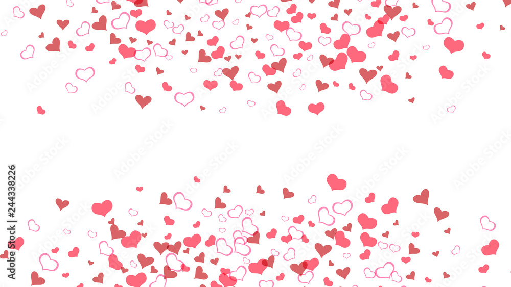 Stylish background. Part of the design of wallpaper, textiles, packaging, printing, holiday invitation for Valentine's Day. Red on White background Vector. Red hearts of confetti are falling.