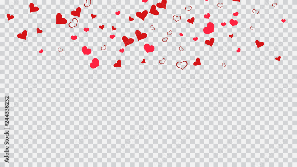 Light background. Red hearts of confetti are falling. Red on Transparent background Vector. The idea of wallpaper design, textiles, packaging, printing, holiday invitation for Valentine's Day.