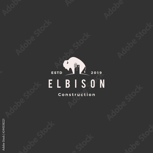 bison construction building logo hipster retro vintage vector icon illustration