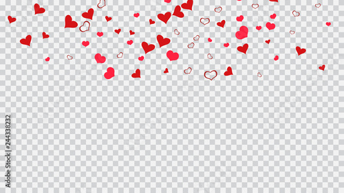 Light background. Red hearts of confetti are falling. Red on Transparent background Vector. The idea of wallpaper design, textiles, packaging, printing, holiday invitation for Valentine's Day.