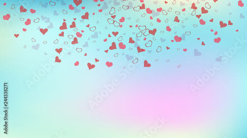 Part of the design of wallpaper, textiles, packaging, printing, holiday invitation for birthday. Red on Gradient background Vector. Red hearts of confetti are flying. Stylish background.