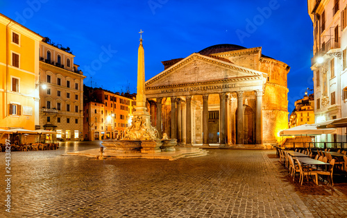 Pantheon at dawn in Rome, Italy. Temple of all the gods. Former Roman temple, now church, in Rome. Piazza della Rotonda.