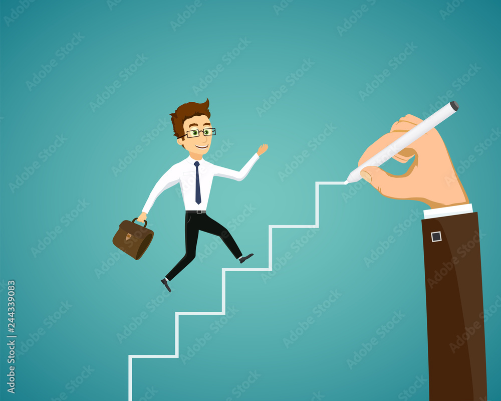 Obraz premium Man is runs up the stairs. Career and business development. Hand draws a ladder.