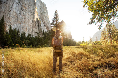 Happy hiker visit Yosemite national park in California photo