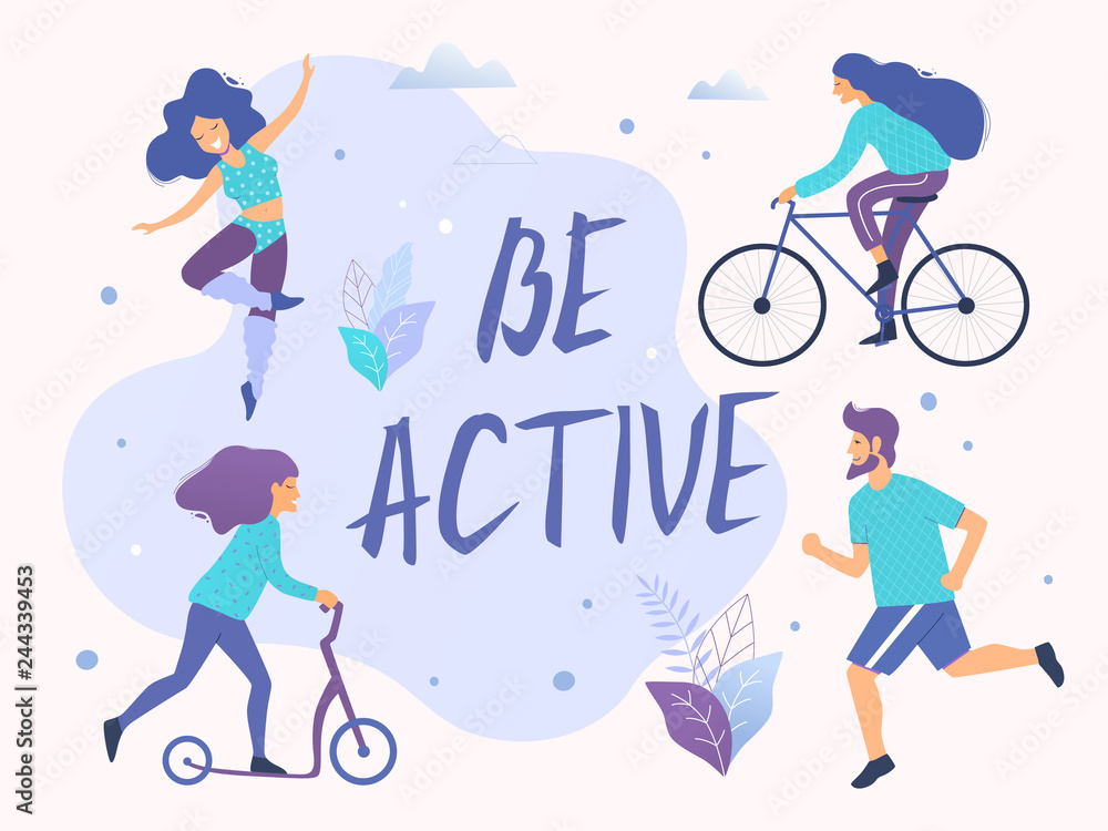 Vettoriale Stock Be active vector illustration. Healthy active lifestyle.  Different physical activities: running, roller skates, scooter, nordic  walking. | Adobe Stock
