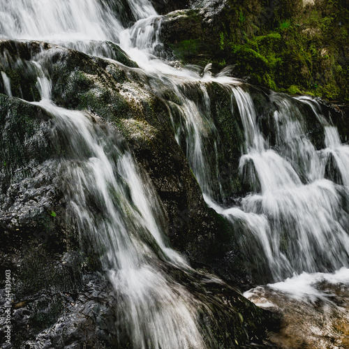 Scenic waterfall on mountain river in summer forest. Travel along river.