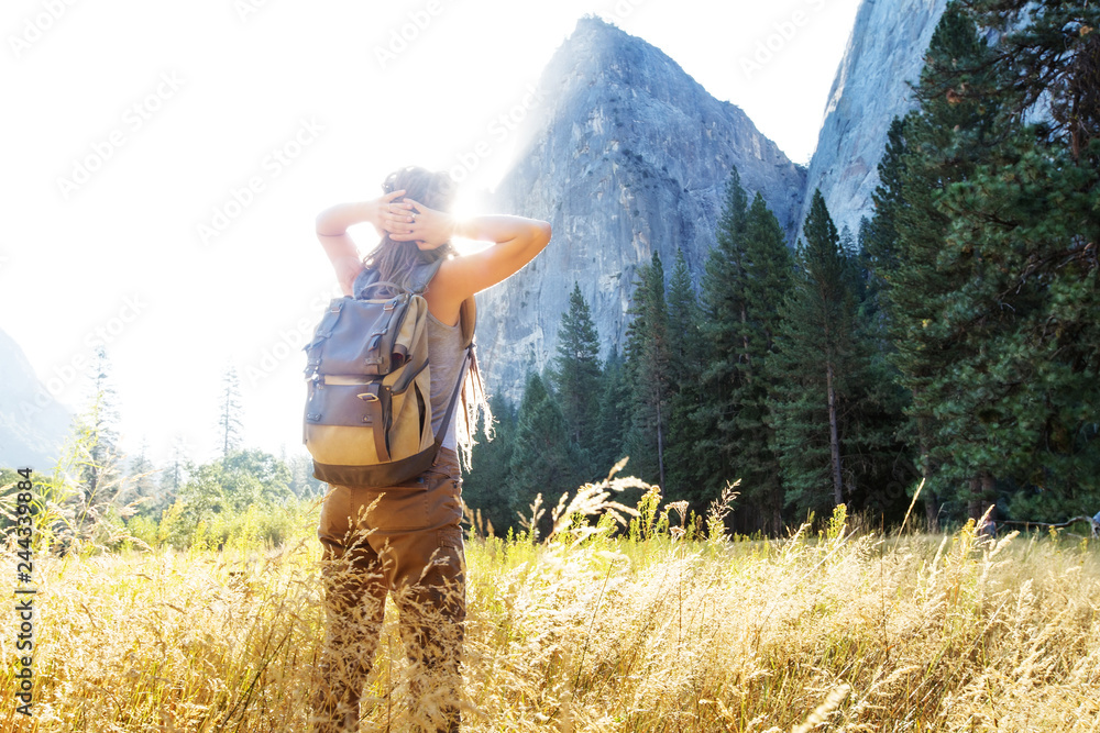Happy hiker visit Yosemite national park in California Happy hiker visit Yosemite national park in California