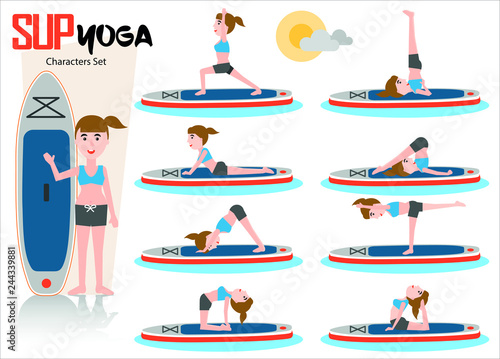 cute girl doing yoga poses on an SUP stand-up paddling board