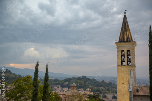 Italian village. Bell tower of the Cathedral of Spoleto, Santa Maria Assunta.