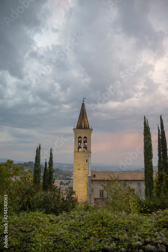 Italian village. Bell tower of the Cathedral of Spoleto, Santa Maria Assunta.