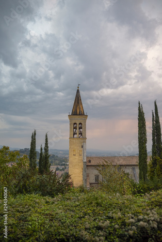 Italian village. Bell tower of the Cathedral of Spoleto, Santa Maria Assunta.