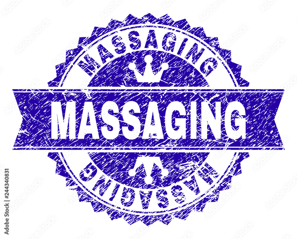 MASSAGING rosette stamp overlay with grunge effect. Designed with round rosette, ribbon and small crowns. Blue vector rubber watermark of MASSAGING text with grunge texture. MASSAGING rosette stamp overlay with grunge effect. Designed with round rosette, ribbon and small crowns. Blue vector rubber watermark of MASSAGING text with grunge texture.