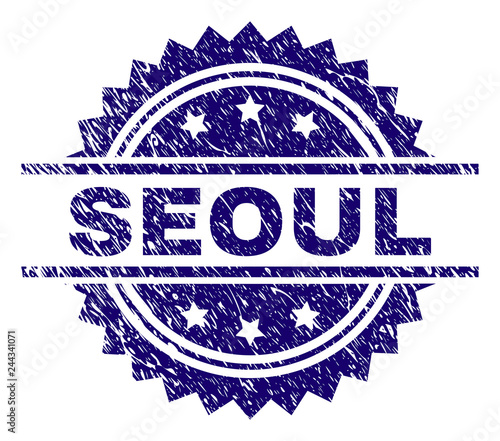 SEOUL stamp seal watermark with distress style. Blue vector rubber print of SEOUL tag with dirty texture.