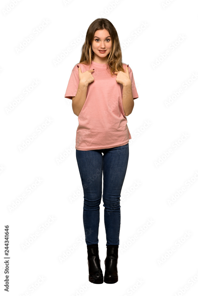 A full-length shot of a Teenager girl with pink sweater with tired expression on isolated white background A full-length shot of a Teenager girl with pink sweater with tired expression on isolated white background