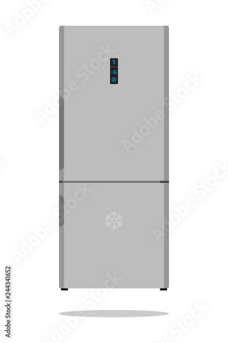 Modern Fridge Freezer refrigerator in silver color. Household tech and appliances. Vector Illustration