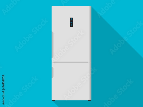 Modern Fridge Freezer refrigerator in silver color. Household tech and appliances. Vector Illustration