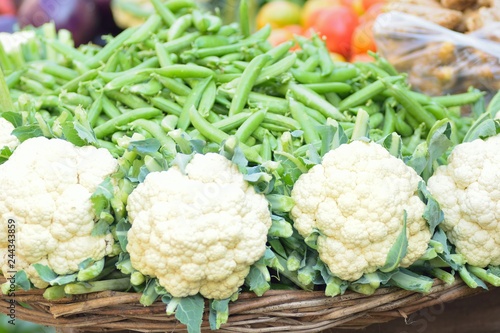 Macro details of Fresh Cauliflowers at street side vegetable market in India 