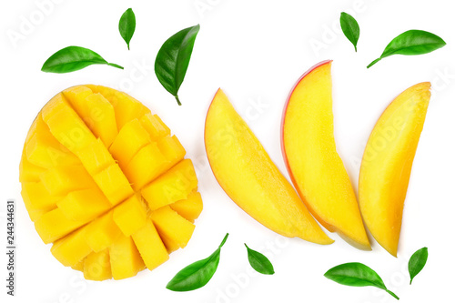 Mango fruit and slices isolated on white background close-up. Top view. Flat lay